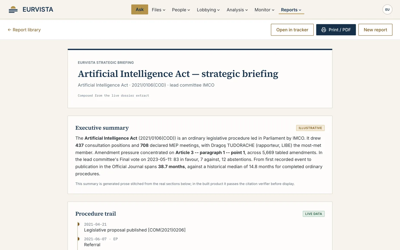 A composed EURVISTA briefing, section by section, with sources under each.